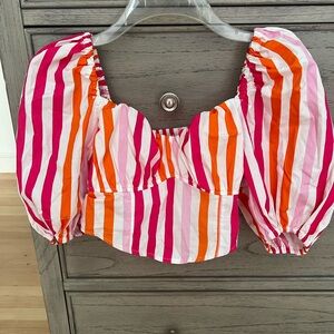 H&M Pink and Orange Puff Sleeve Crop Blouse